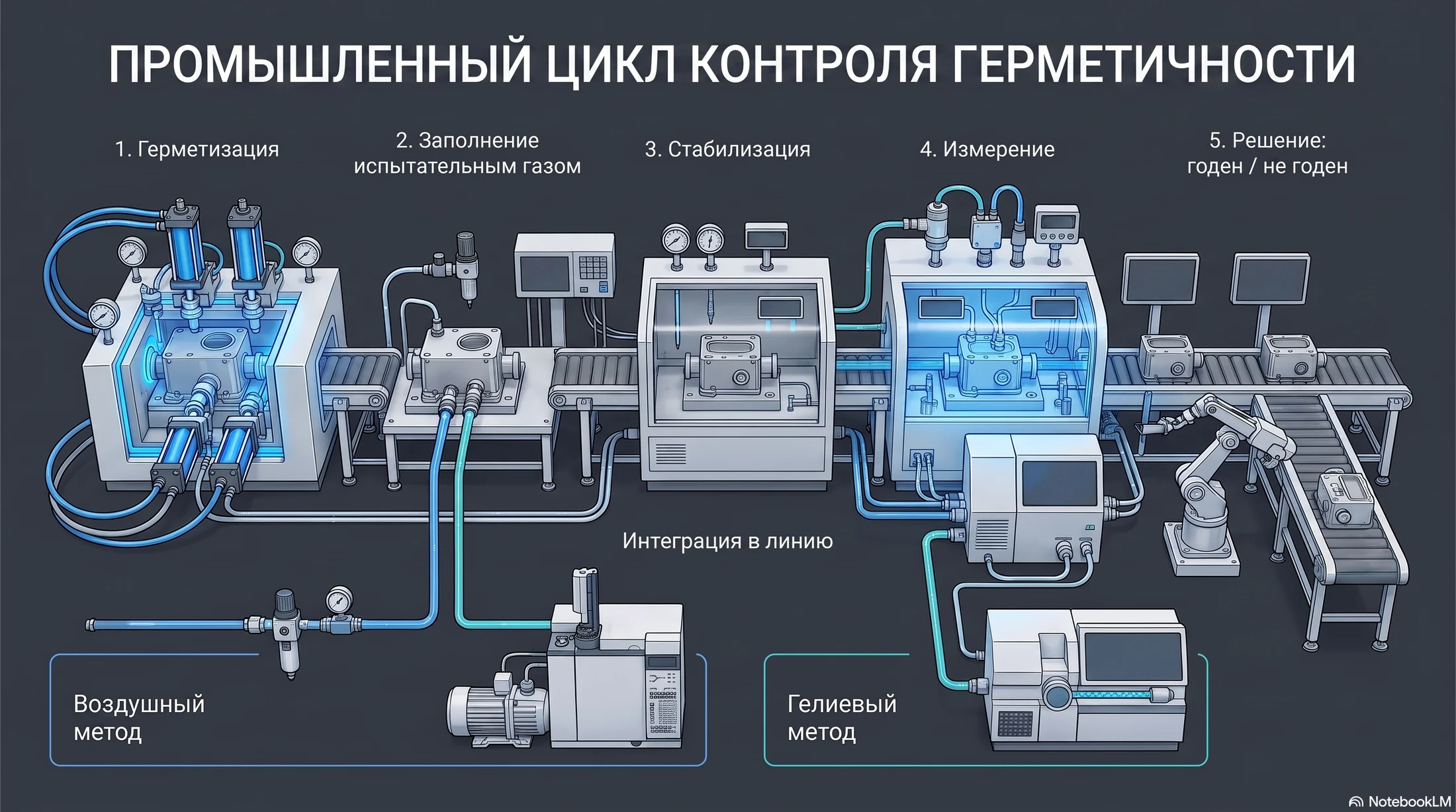 Пять этапов промышленного цикла контроля герметичности воздухом или гелием